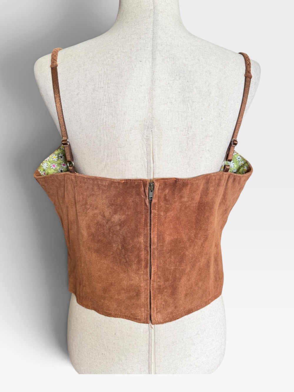 Y2K Wilsons Leather Brown Suede Leather Spaghetti Strap Crop Tank Top - Picture 2 of 5